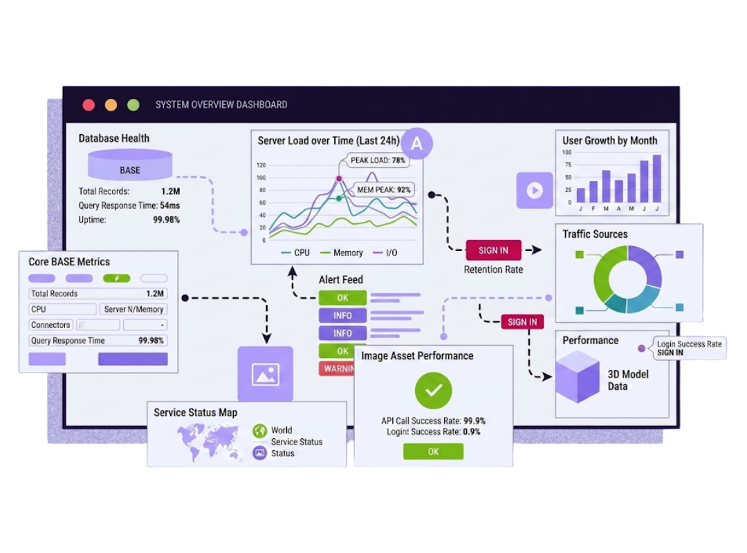 System overview dashboard showing database health, server load, traffic sources and performance metrics