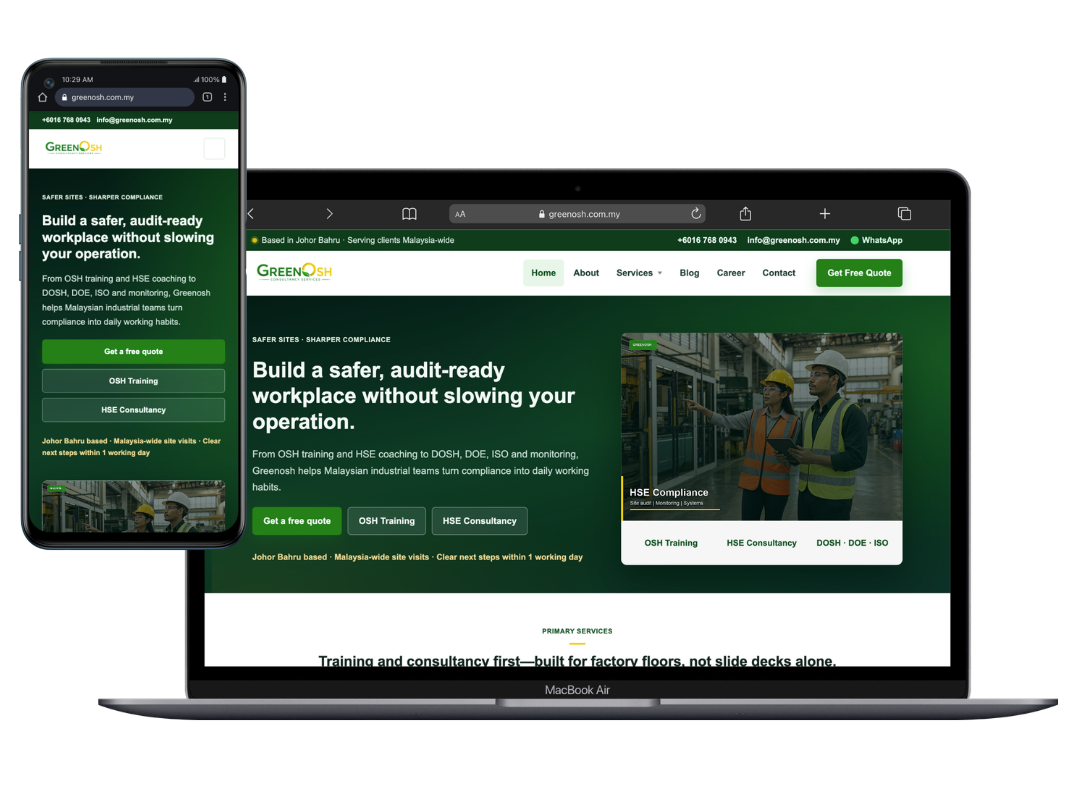 Greenosh consultancy website built by Malaya Digital, shown on MacBook and mobile