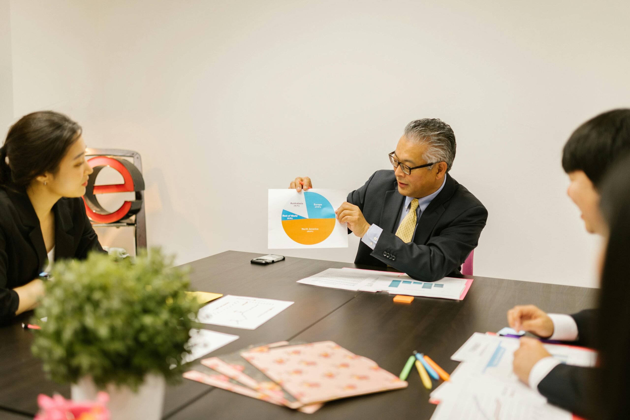 Business team reviewing project reports in a meeting