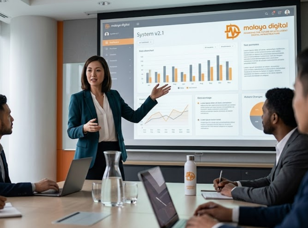 Malaya Digital consultant presenting the System v2.1 dashboard to a Malaysian client team