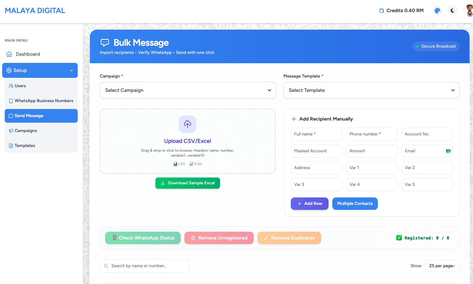 WADigital Plus bulk message screen with CSV upload and WhatsApp status check