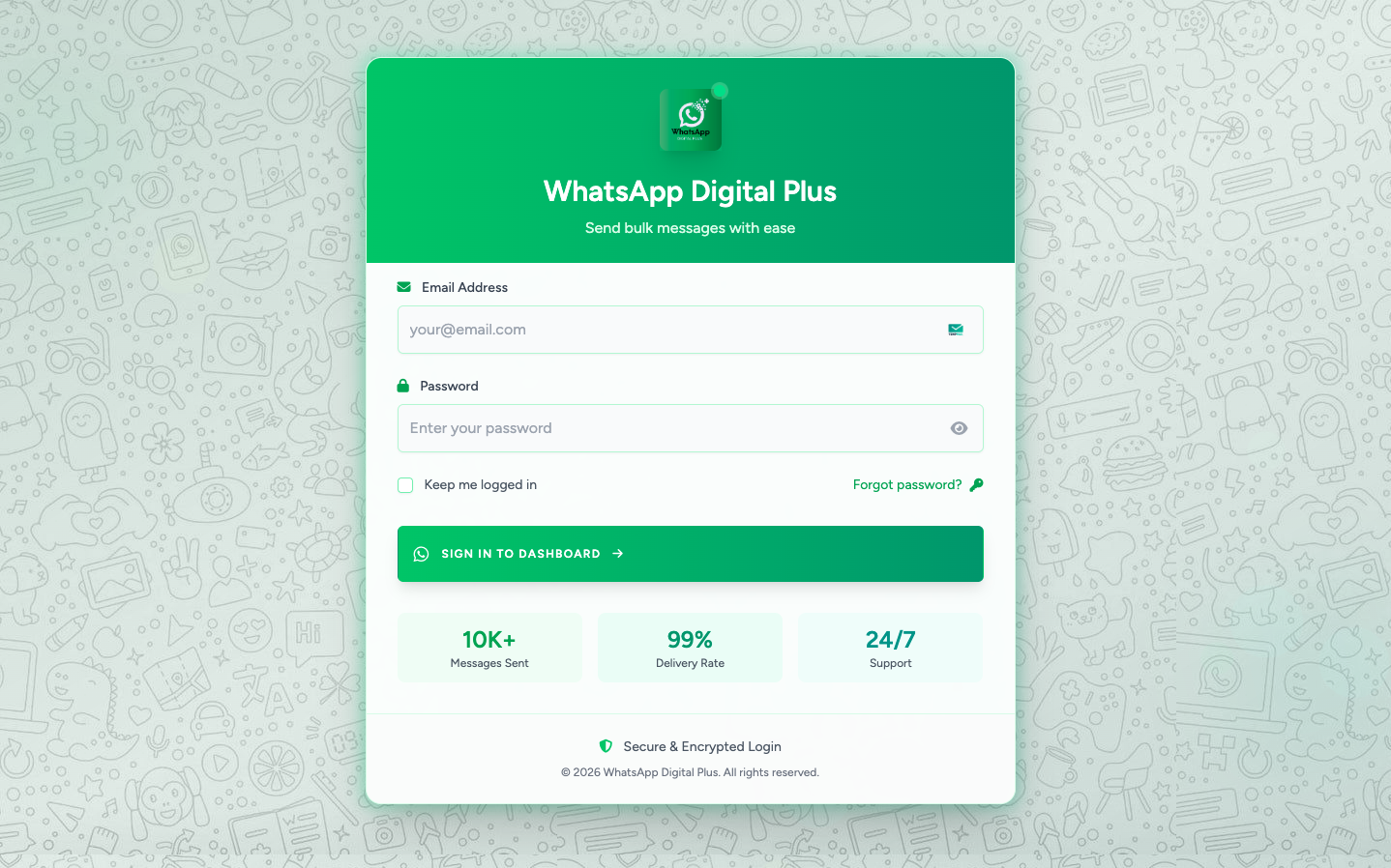WADigital Plus WhatsApp broadcast platform login screen
