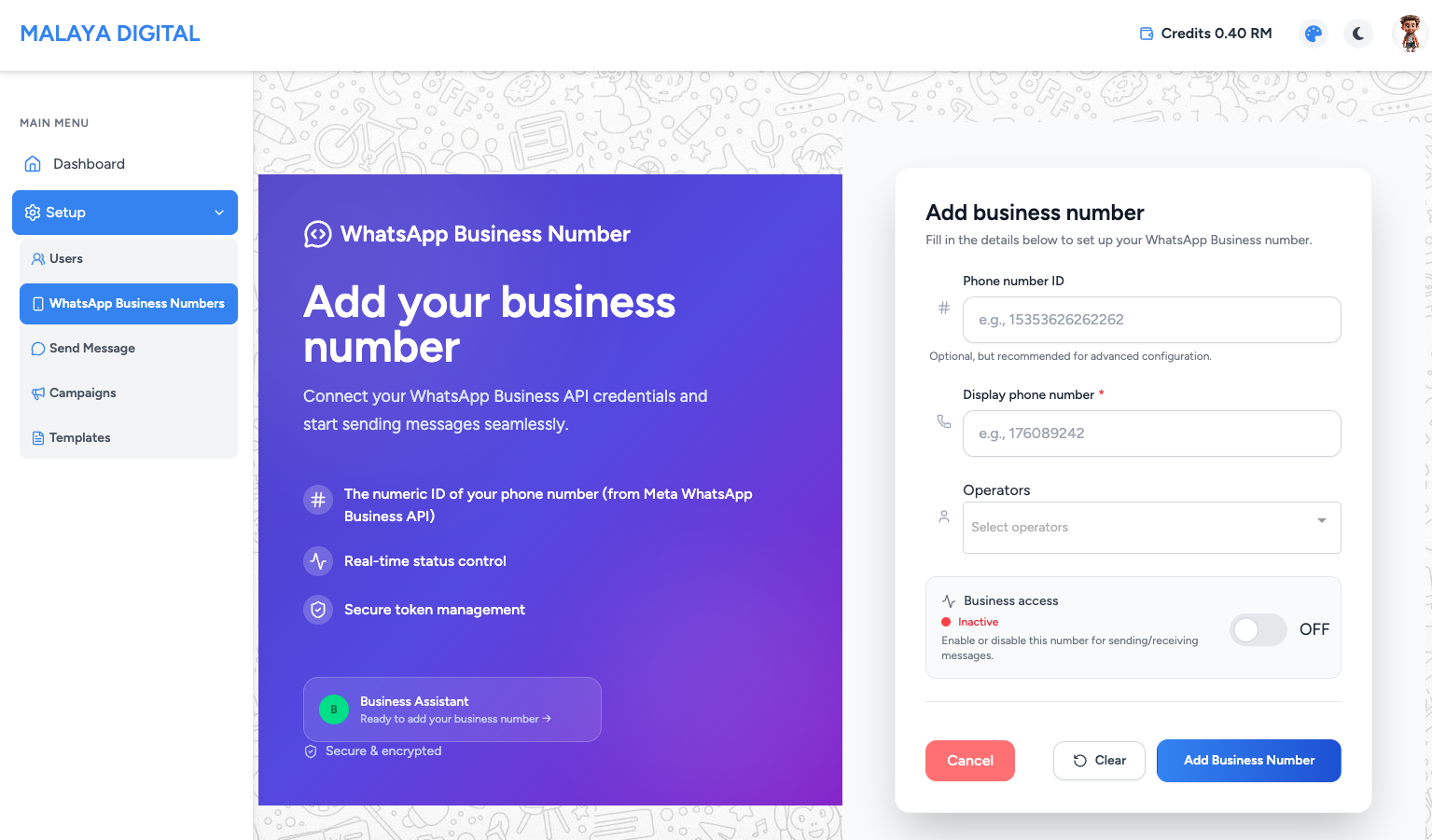 Connect your WhatsApp Business number screen