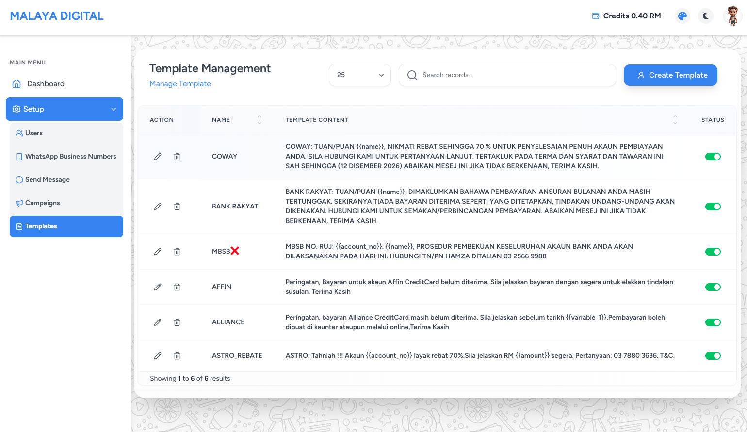 WADigital Plus template management with active-status toggles